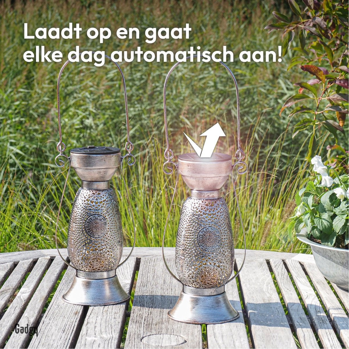 Gadgy Solar Tafellamp Petroleum - Olielamp Tuinlantaarn Set van 2 - Solar Tuinverlichting op Zonneenergie - Led Buitenverlichting met dag/nacht Sensor - Hanglamp - 21 x Ø11.5 cm - Metaal