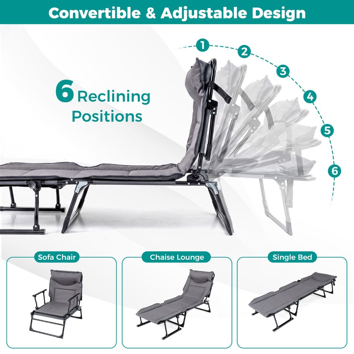 Lit de camping pliable Coast 3-en-1 – Chaise longue réglable – Avec appui-tête – Gris et noir