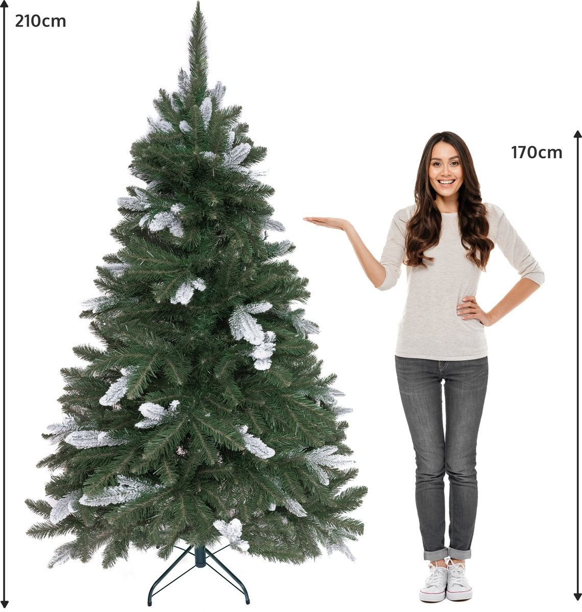 PristinePine Full Artificial Christmas tree with snow 210cm - Arbre de Noël robuste - Base en métal - Montage rapide