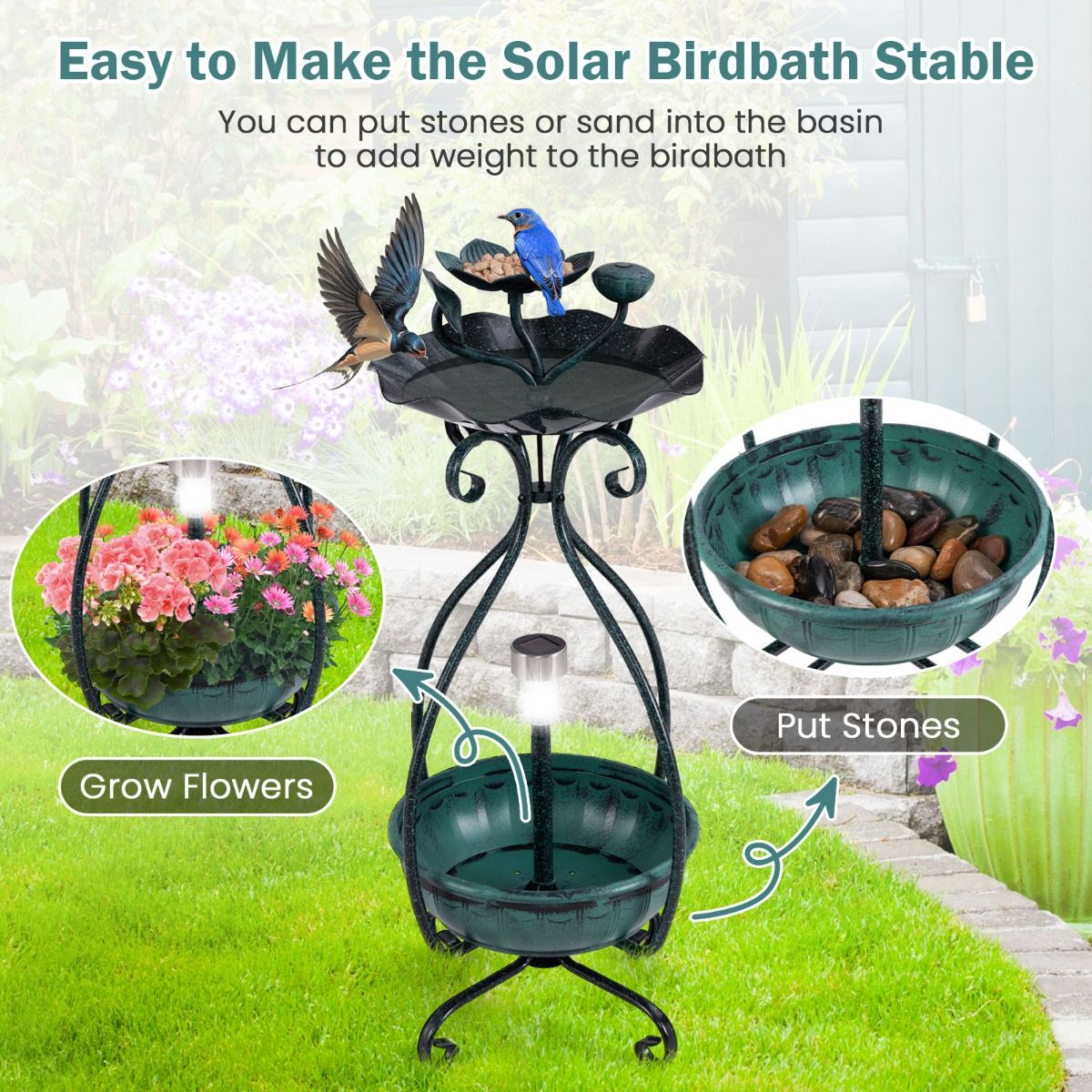 Bain d'oiseaux Coast avec panneau solaire - mangeoire automatique et pot de fleurs - lotus et feuilles décoratifs - vert