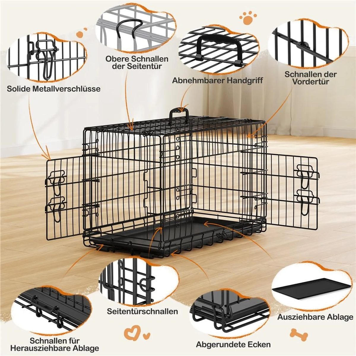 Yaheetech Banc pliable pour chien - 76 x 45 x 51 cm - Avec cloison et plaque de fond amovible et double porte - Pour petits chiens - Métal noir et plastique