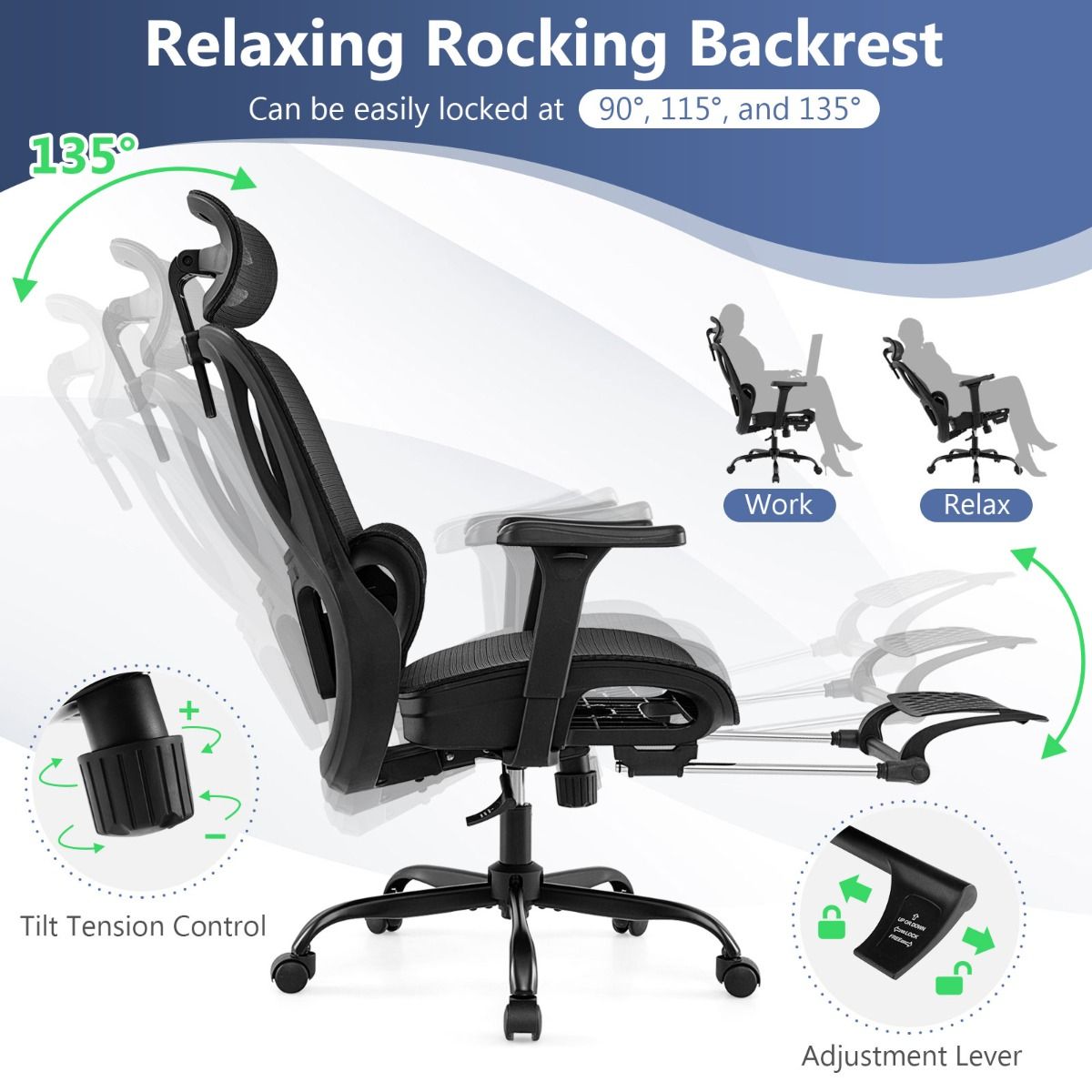 Chaise de bureau ergonomique Coast - soutien lombaire et appui-tête réglables - repose-pieds extensible - noir