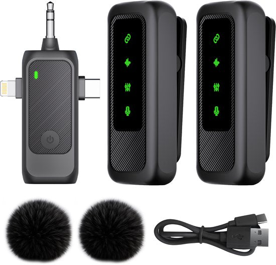 Nuvance Wireless Microphone - 2 Pieces - Microphone sans fil - Mini Tie Pin Microphone - Lavalier - 3 in 1 - Incl. 2 Windshields