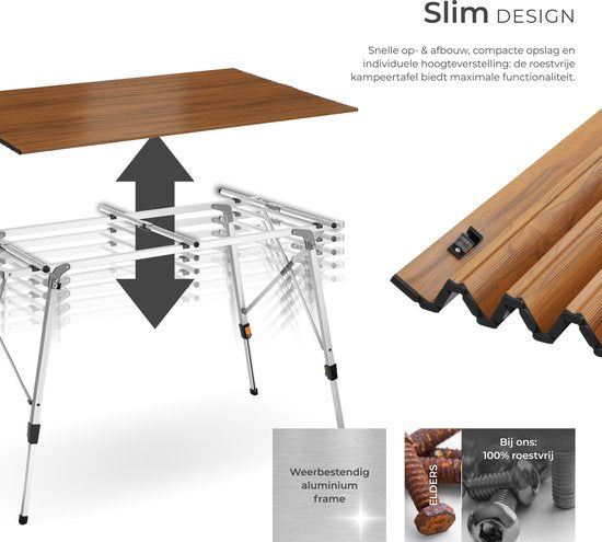 Table de camping tectake® - 120 x 70,5 x 58 - 79 cm - Table pliante en aluminium - Plateau XXL enroulable - Table pliante - Table de voyage - Table de jardin - Résistante aux intempéries - Réglable en hauteur - Sac de transport - Pliable - Aspect bois