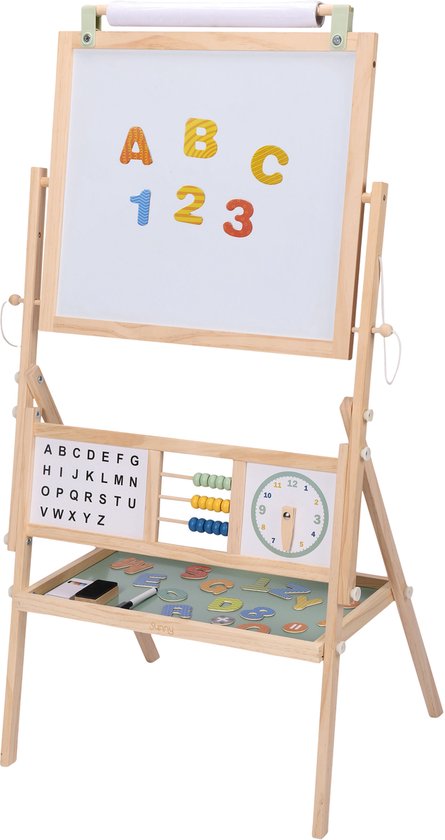 Sunny Nola Activités Chevalet – Petit chevalet en bois pour enfants - Chevalet de jeu avec tableau blanc et ardoise - Chevalet de peinture pour enfants – Tableau magnétique - Comprend un rouleau de papier, des aimants, des craies, des marqueurs et une gom