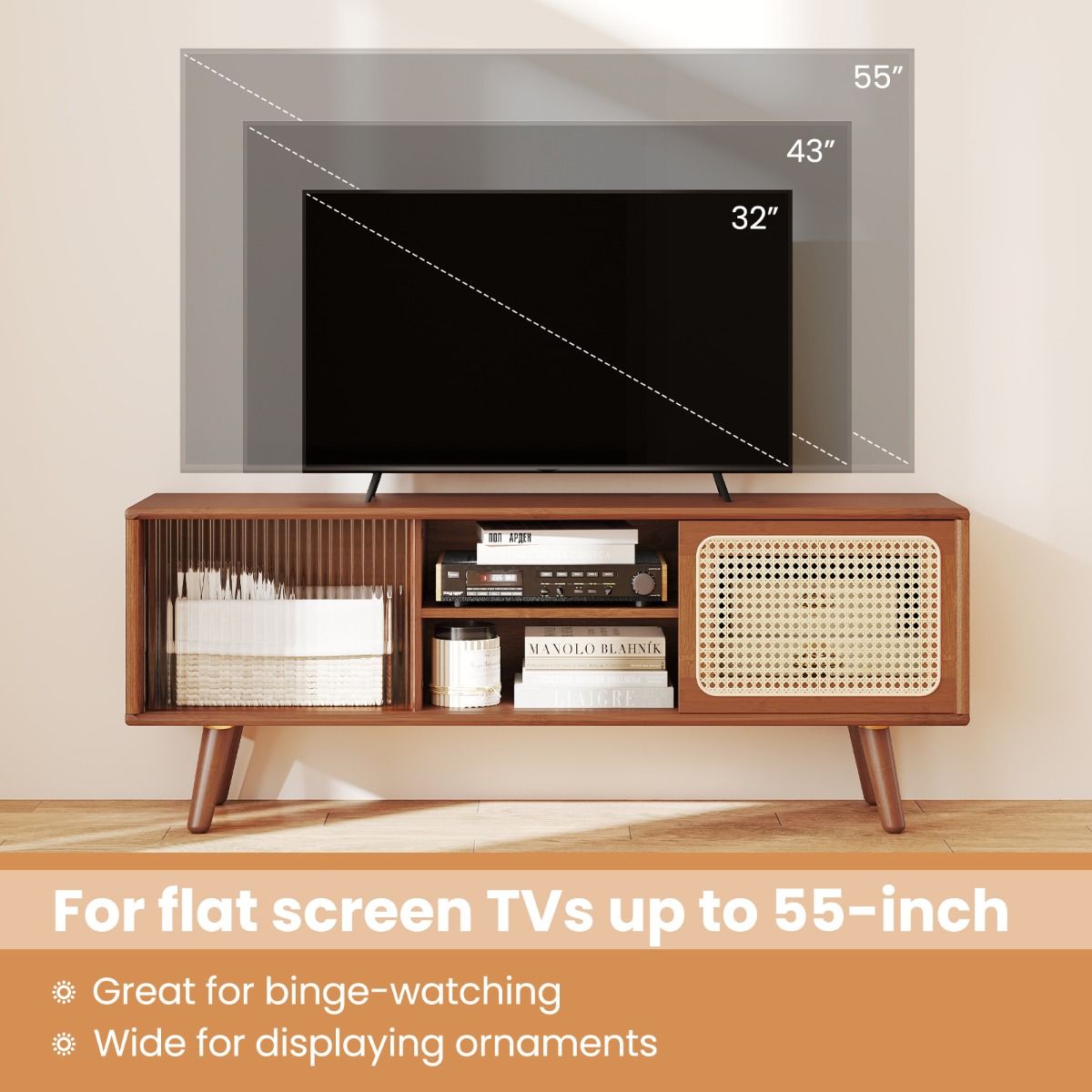 Meuble TV Coast - bambou avec porte coulissante en osier et verre - étagère réglable - marron - 120,5 x 31 x 45,5 cm