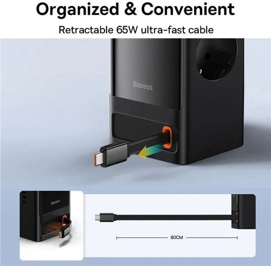 Station de recharge rapide Baseus GaN 65 W avec prises CA/USB-C/USB-A, noire
