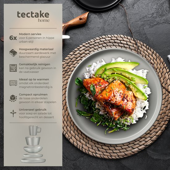 tectake® Service de table Una - 30 pièces - Grès - 6 couverts - Service de table élégant et durable - Ensemble comprenant des grandes et petites assiettes, des bols, des coupelles - Tasses - Gris