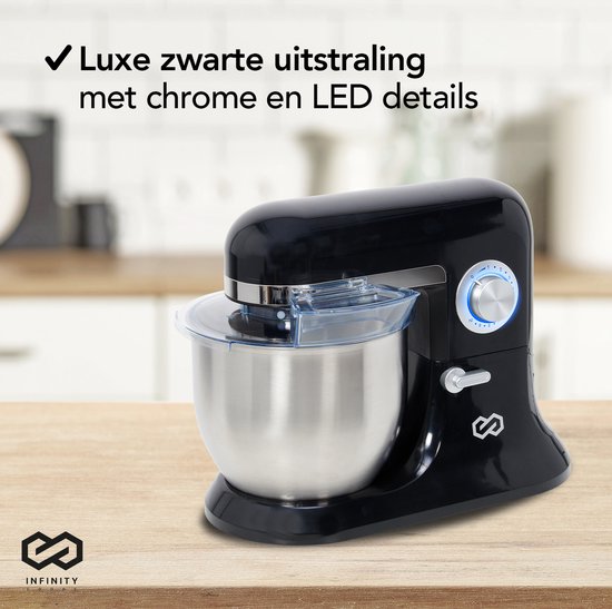 Infinity Goods Robot de cuisine - Mélangeur de cuisine - Bol de mélange en acier inoxydable de 6,5L - Robot de cuisine - Robot ménager - Avec accessoires - 1600W - Noir