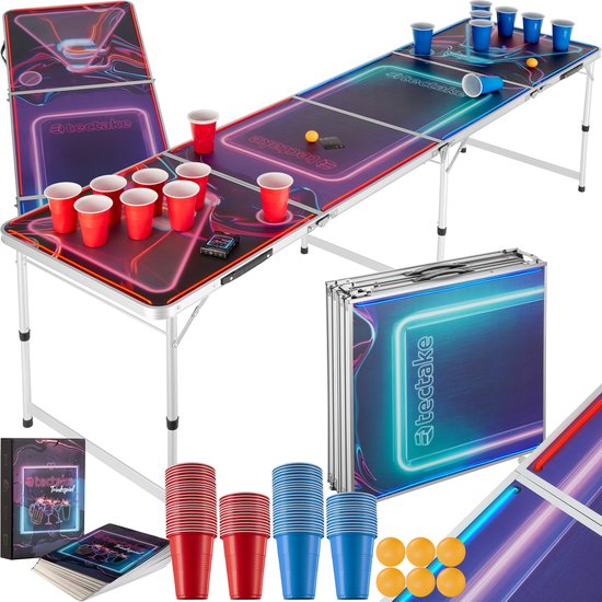 tectake® Table de Beer Pong - Avec décorations de fête - Eclairage LED - Table de Beer Pong réglable en hauteur et pliable - Jeu de boisson avec accessoires - 100x gobelets en plastique, 6x balles de ping pong, Jeu de cartes avec cartes