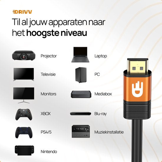 Drivv. Câble HDMI Premium 2.1 - Ultra HD - 8K 60Hz - 4K 120Hz - Convient à Xbox Series X & PS5 - 1 mètre - Orange
