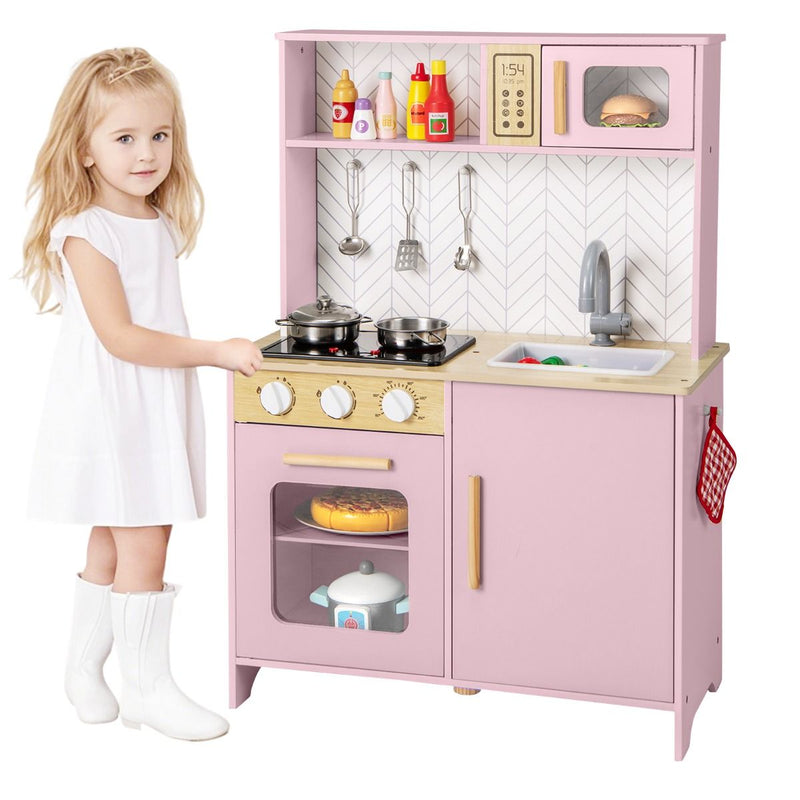 Cuisine jouet en bois Coast pour enfants - lumières et sons - micro-ondes et four - rose