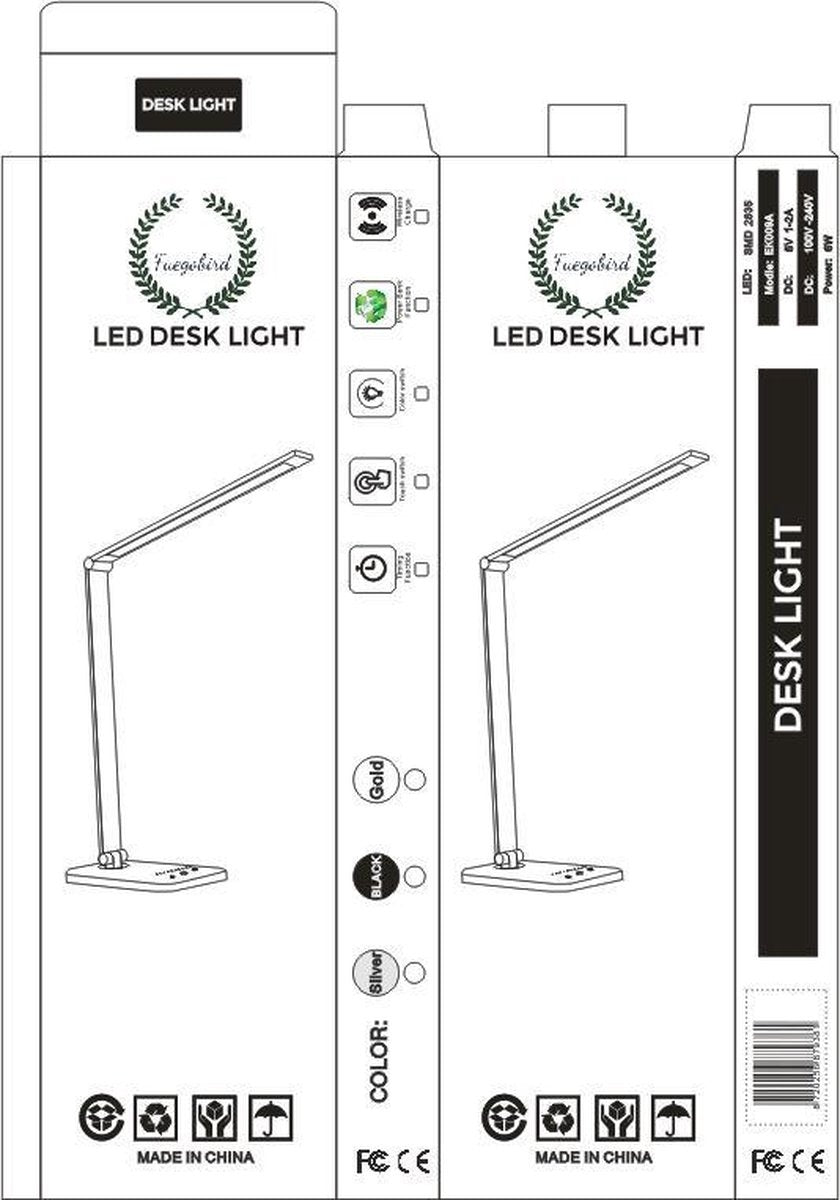 Fuegobird EK009 Lampe de bureau LED - Filaire - Chargement sans fil pour téléphone - Dimmable - Pliable - Smart Touch - Technologie Qi - Noir