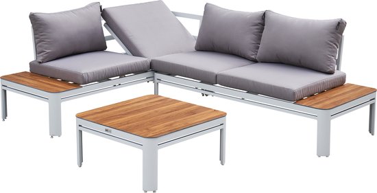 Ensemble de salon AXI Eos avec chaise longue, blanc aspect bois PSPC – Ensemble d'angle avec table – Structure en aluminium thermolaqué – Chaise longue intégrée – Plateau de table en PSPC