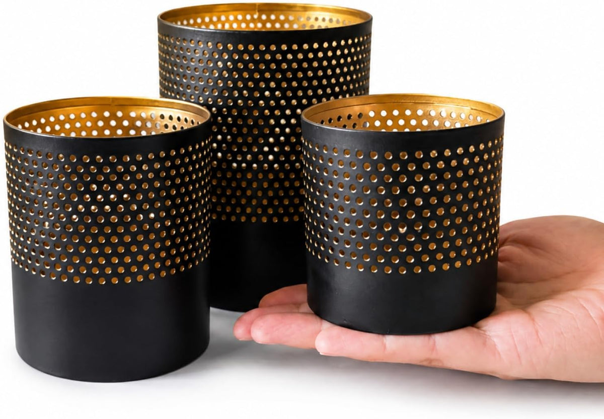 com-four® Lot de 3 lanternes en métal – Noir/Or – 7,5, 10 et 13 cm