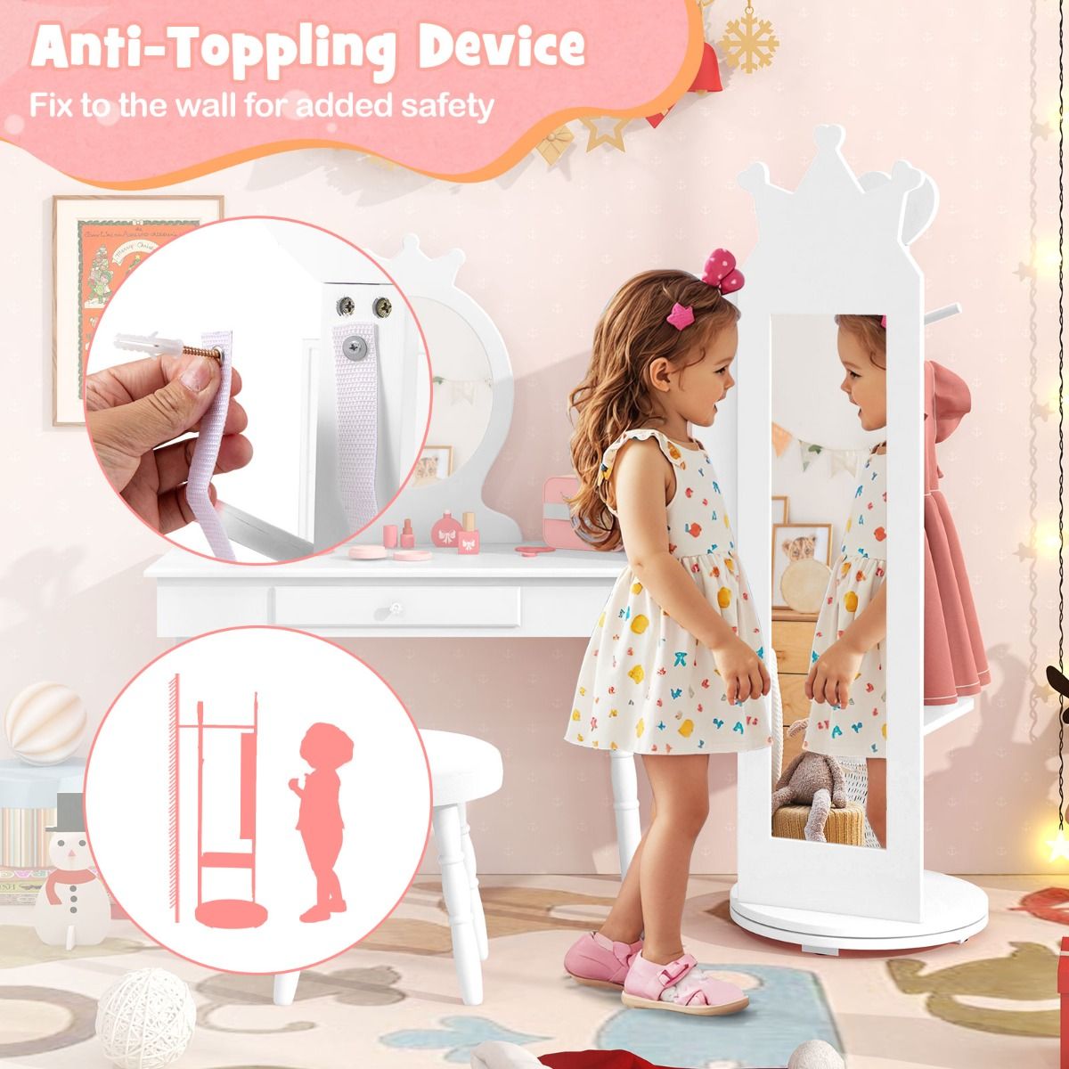 Coast : armoire à bijoux pour enfants - miroir sur pied - pied pivotant - cintre et étagères - rose/blanc