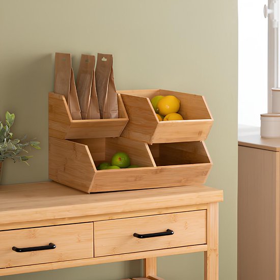 Panier de rangement empilable 5Five à 1 compartiment - L 18 x l 15,5 x H 12 cm - bois de bambou - marron clair