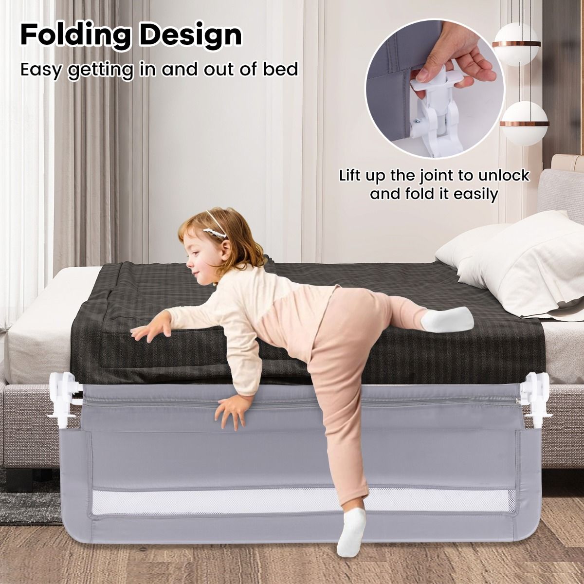 Barrière de lit Coast pour tout-petits - modèle pliable - housse amovible et lavable - gris - 120 cm