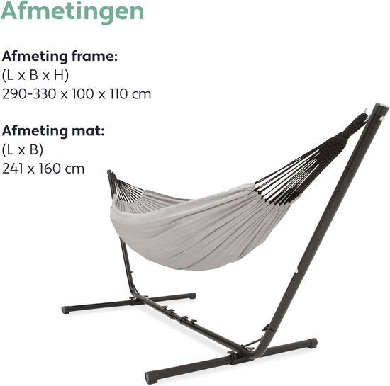 Vita5 Hamac avec support - 2 personnes - longueur réglable - sac de transport inclus - poids 205 kg - gris