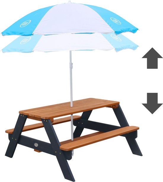 Table de pique-nique AXI Nick Anthracite/marron - Parasol Bleu/blanc - Table de pique-nique pour enfants en bois FSC