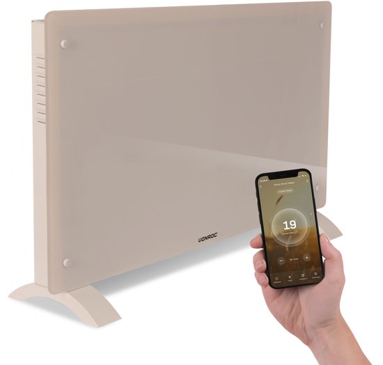 VONROC Chauffage électrique de luxe - Convecteur avec panneau en verre - 1000W/2000W- Chauffe les pièces jusqu'à 24m2 - Contrôlé par l'application (via Wifi) et manuellement - Thermostat et minuterie réglables - Beige