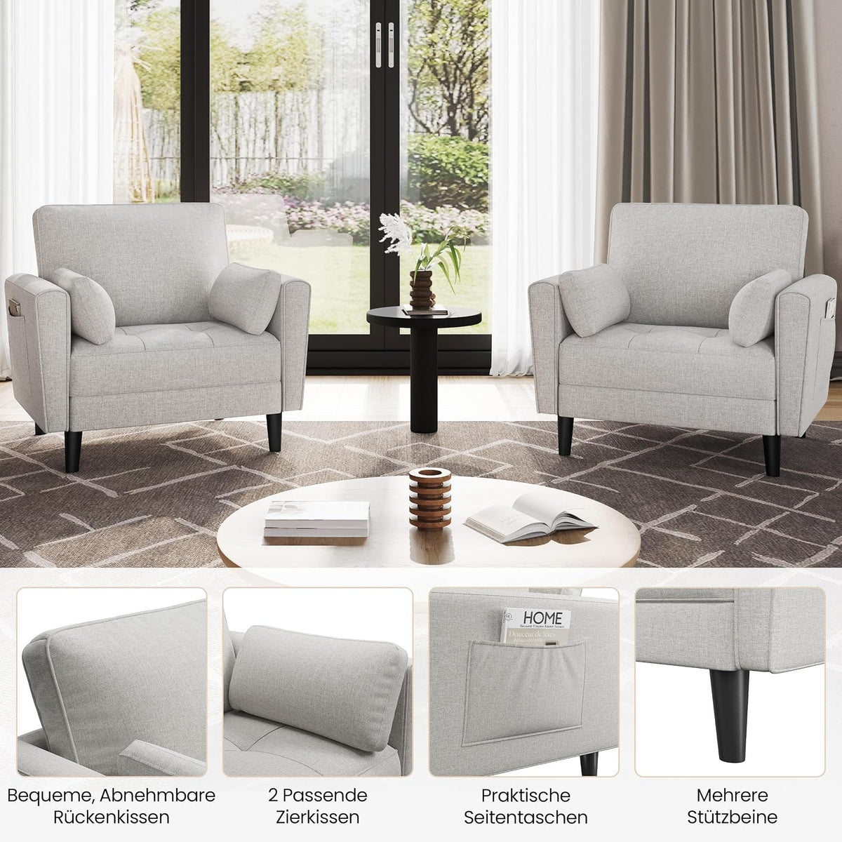 Canapé deux places Yaheetech en lin - Gris-beige - 102,5 x 75 x 85,5 cm - Avec 2 coussins et des poches latérales