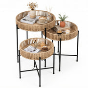 Ensemble de tables d'appoint rondes Coast - tressage bohème fait main - pieds en métal - couleur naturelle - lot de 3