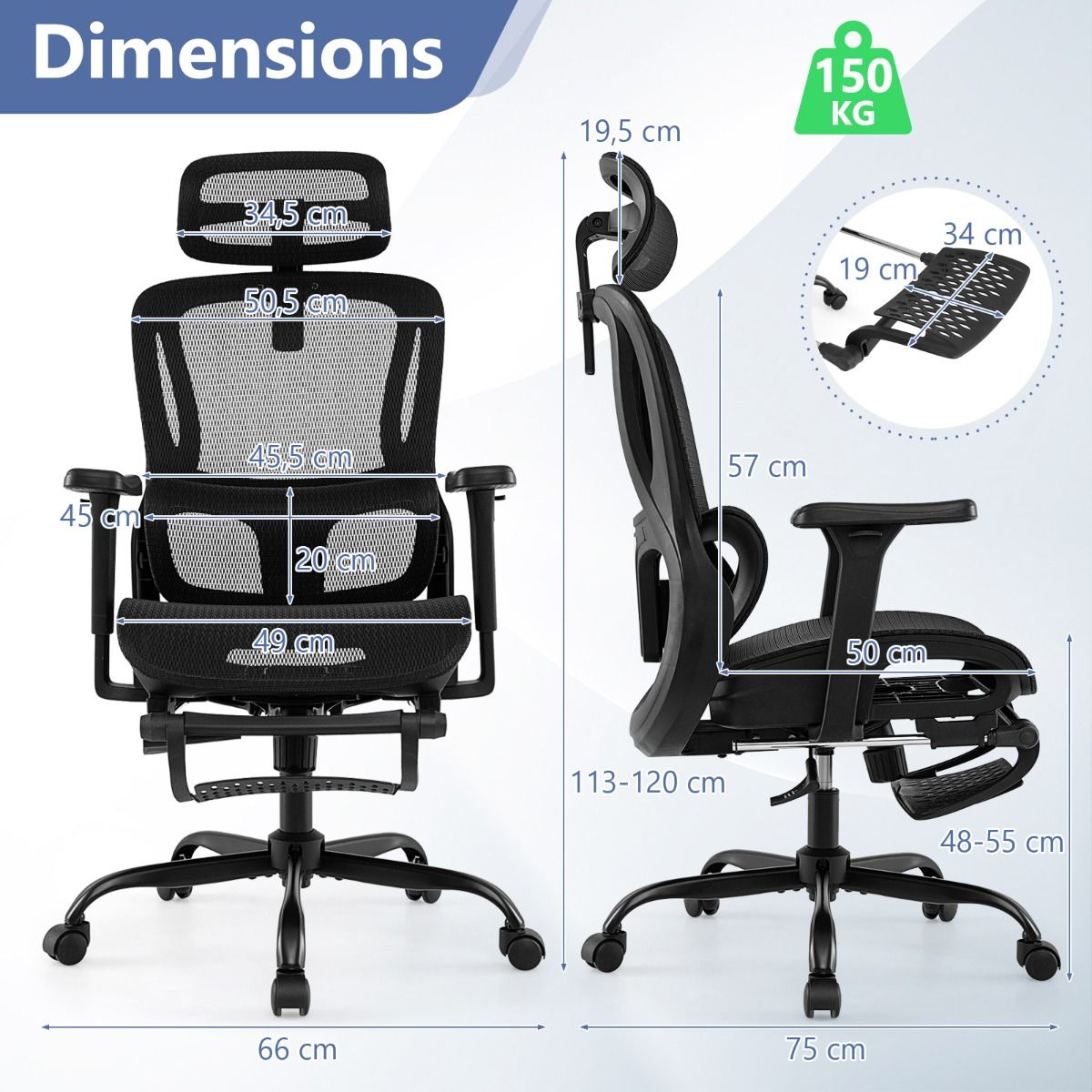 Chaise de bureau ergonomique Coast - soutien lombaire et appui-tête réglables - repose-pieds extensible - noir