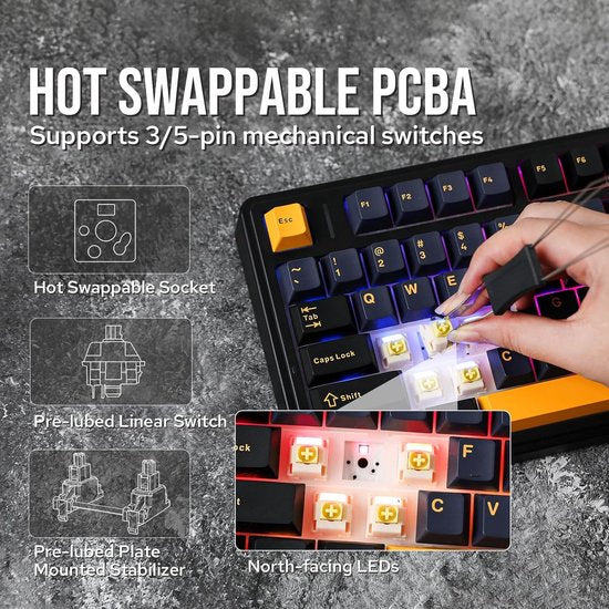 AULA F75 - Clavier gaming sans fil - Mécanique - Gasket - Hot Swap - Claviers QWERTY - Tri-mode - 80 touches - Noir tonnerre