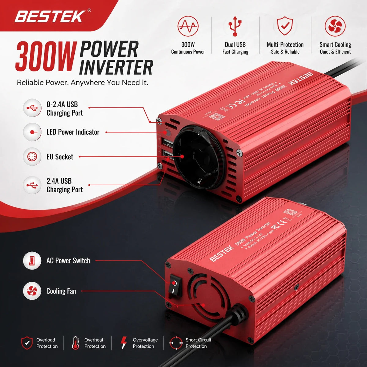 Convertisseur BESTEK 300 W 12 V vers 230 V – 2 ports USB et prise de courant – Pour voiture, camping-car et en déplacement – Rouge