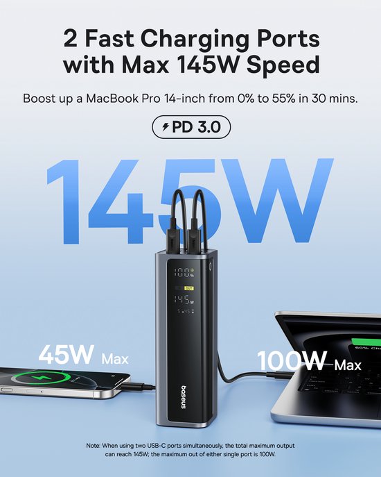 Batterie externe Baseus EnerGeek - 145 W, 20 800 mAh, pour ordinateur portable - - Chargeur portable - Batterie externe avec 2 ports USB-C PD 3.0 (100 W max.) pour une recharge rapide, écran numérique, compatible avec MacBook Pro, Dell, HP, SteamDeck, iPh
