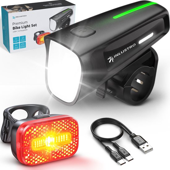 Inlustro Kit d'éclairage LED rechargeable pour vélo - Avec réduction de l'éblouissement et capteur de freinage - Éclairage pour vélo de route / cyclisme / VTT - Éclairage de vélo rouge et phare blanc - Éclairage avant Éclairage arrière Éclairage de vélo -