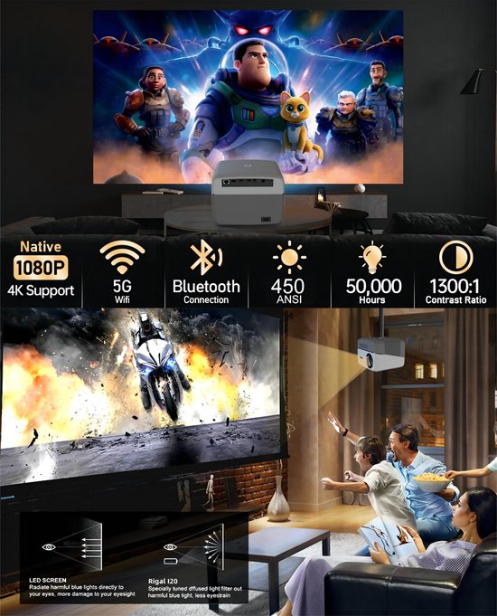 Fuegobird A6 Beamer - 1080P Full HD - Projecteur Smart Home - Support 4K - Android TV 9.0 - 450 ANSI - Streaming avec IOS & Android - Autofocus et 4D keystone - 2GB RAM+32GB ROM - WiFi6 - 2.4G/5G WiFi - BT5.0 - Netflix/Prime Video/Youtube - Gris