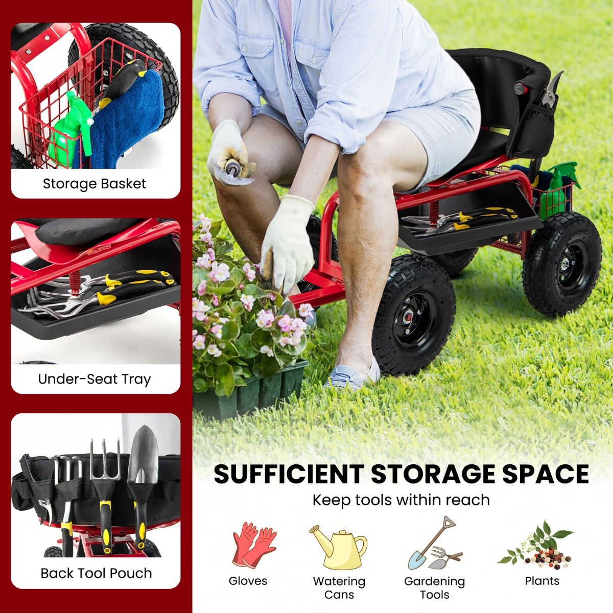 Chariot de jardin Coast avec siège à roulettes - poignée télescopique - espace de rangement - rouge