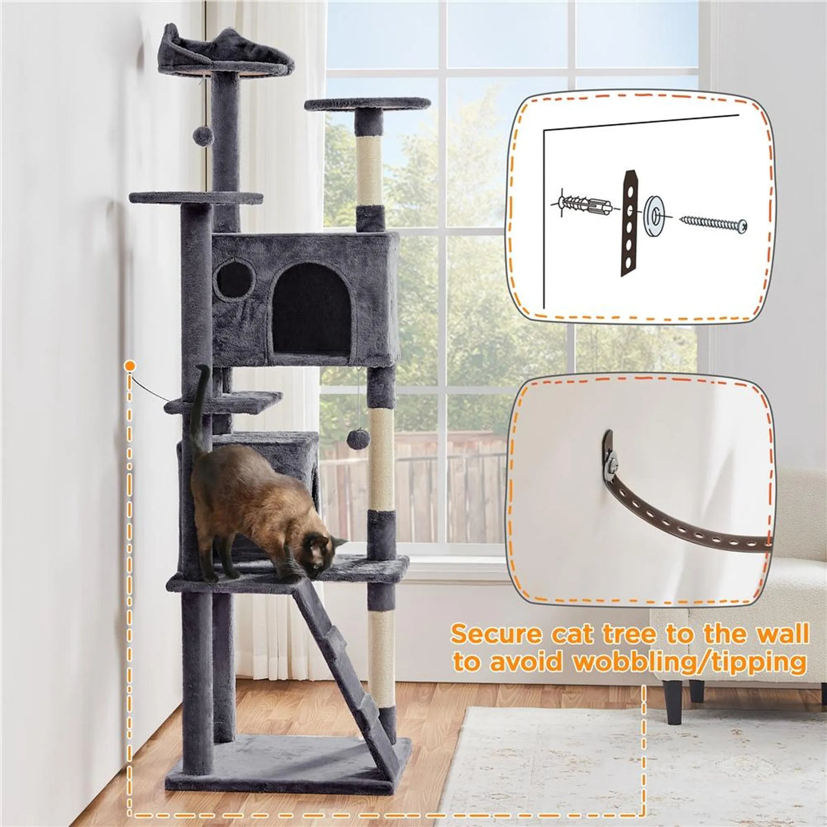 Yaheetech Cat Post XXL avec deux paniers pour chats - équipé d'une rampe d'escalade, d'une chaise longue pour les oreilles du chat et de boules de jeu suspendues - pour les foyers avec plusieurs chats - peluche et sisal gris foncé - 59,5 x 55 x 202,5 cm