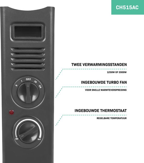 VONROC Chauffage électrique - Convecteur avec ventilateur de radiateur intégré - 2 réglages : 1250W/2000W - Thermostat réglable - Chauffe les pièces jusqu'à 24m2 - Design moderne - Gris