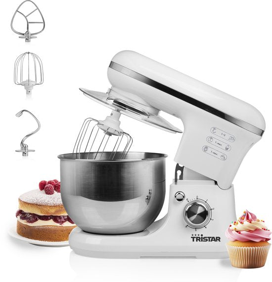 Robot de cuisine Tristar MX-4817 - Robot de cuisine avec bol de 5 litres - 3 crochets pétrisseurs inclus - Robot de cuisine - 6 programmes - Lavable au lave-vaisselle - 1 200 watts - Blanc