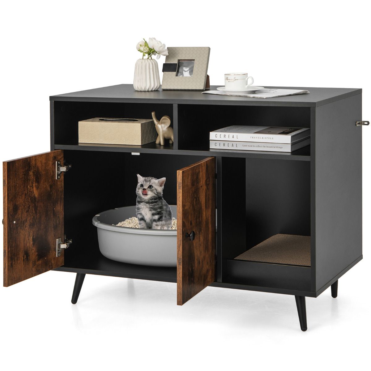 Meuble pour litière Coast avec arbre à chat - meuble de rangement avec dispositif anti-basculement - noir et marron - 90 x 50 x 70 cm