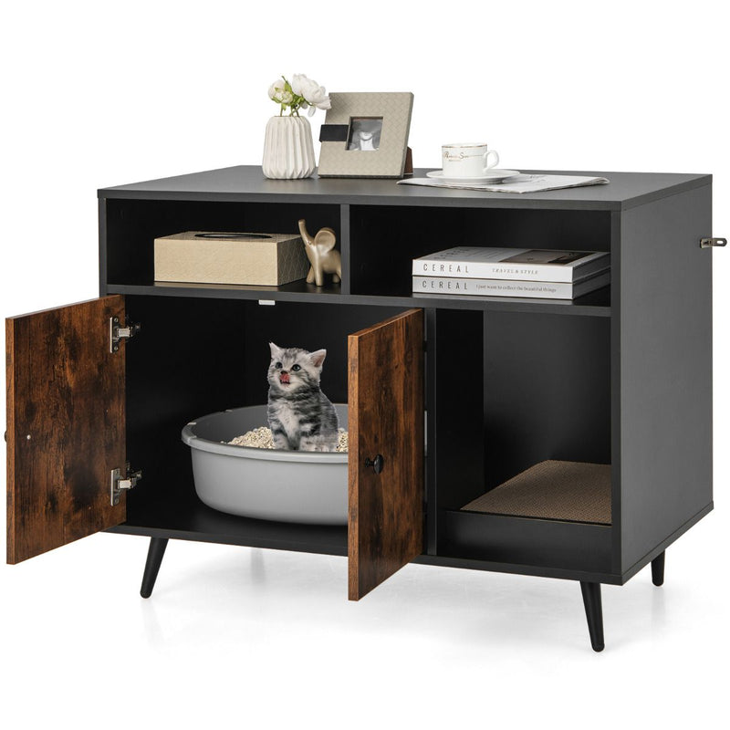 Meuble pour litière Coast avec arbre à chat - meuble de rangement avec dispositif anti-basculement - noir et marron - 90 x 50 x 70 cm