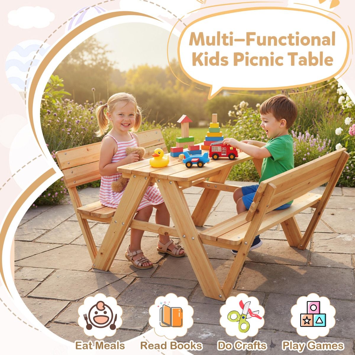 Table de pique-nique pour enfants Coast - ensemble de table et bancs en bois pour tout-petits - avec dossier - couleur naturelle