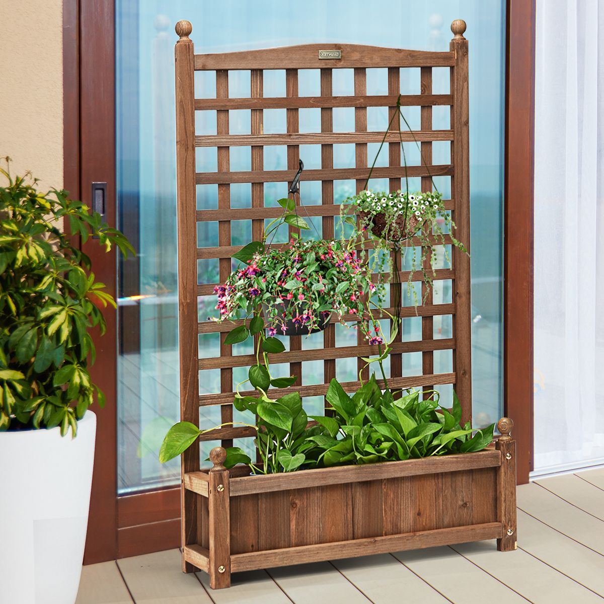 Jardinière Coast avec treillis - jardinière spacieuse - bois de pin massif - marron foncé - 64,5 x 28 x 120 cm
