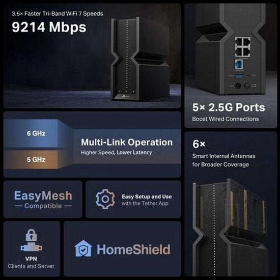 TP-Link Archer BE550 - Routeur - Wi-Fi 7 - Tri-bande - BE9300 - 9 214 Mbps