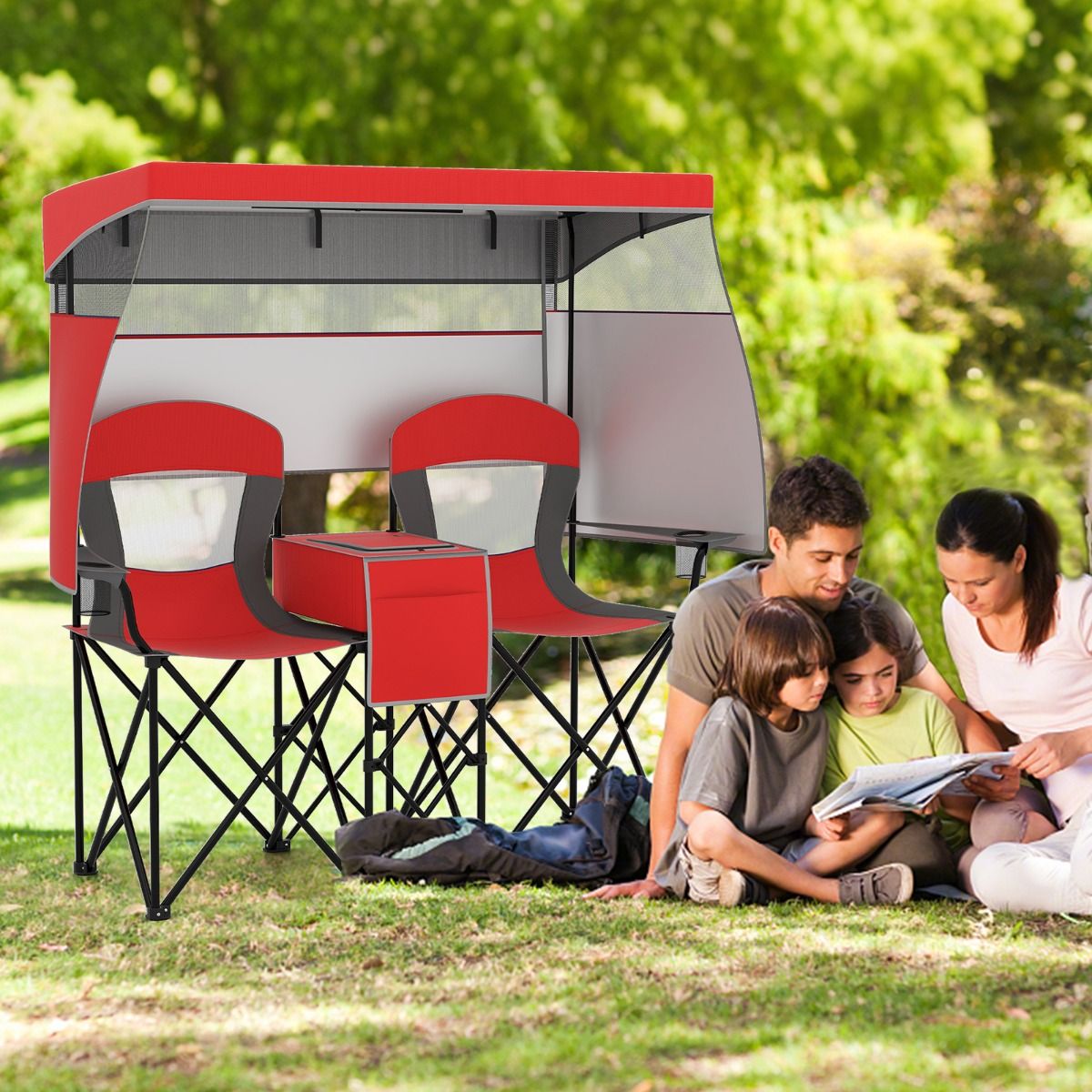 Chaise de camping double Coast - pare-soleil réglable - sac isotherme et porte-gobelets - rouge