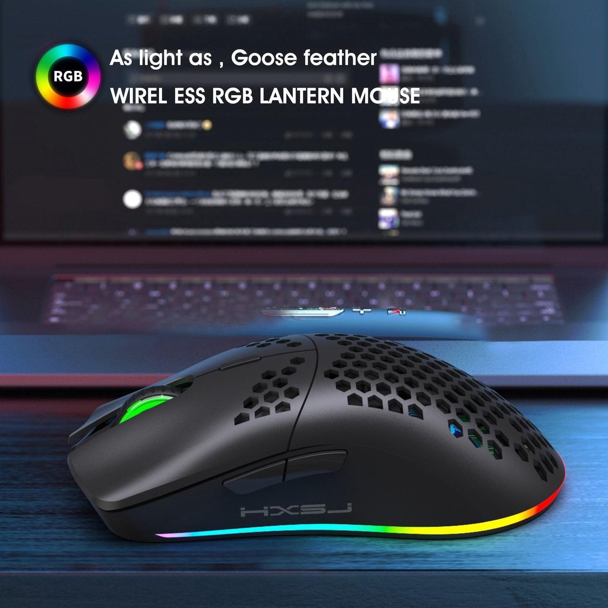 HXSJ T66 Souris de jeu sans fil 2.4G - Ultra légère - Eclairage RGB - Noir