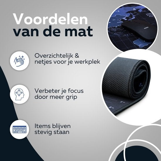 WURK Tapis de bureau professionnel - Carte du monde - Organiseur de bureau - Accessoires de bureau - Tapis de souris XXL - Antidérapant - Comprend un clip pour câble - 90x40