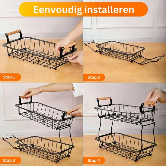 Posity Fruit Bowl 2 Layer - Fruit Basket - Fruit Etagere - Vegetable Basket - Wire Basket - Fruit Rack - Wood & Metal - Black