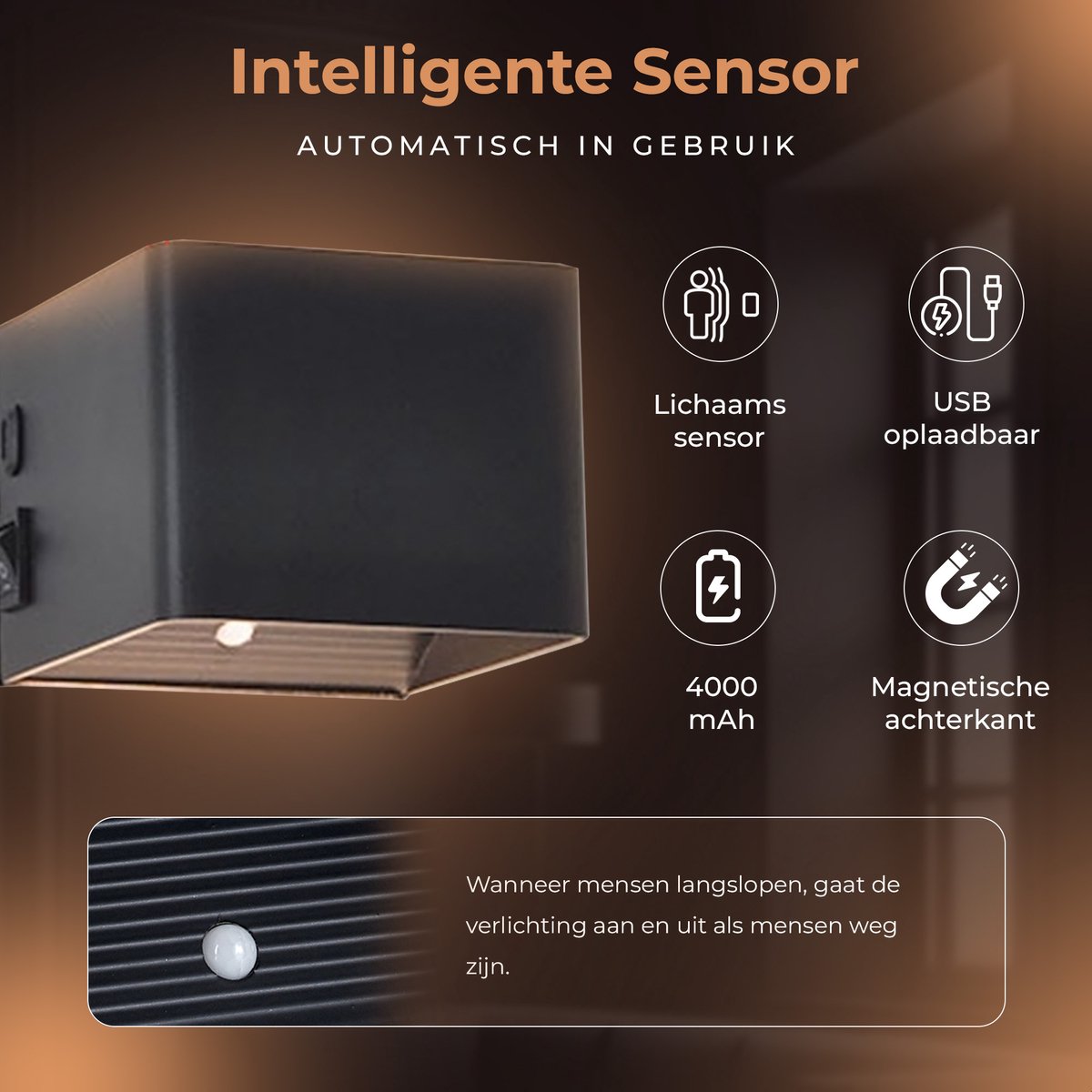 Techvavo® Applique murale rechargeable noire - 1 pièce - 19x4x1.8 cm - Détecteur de mouvement intelligent - Pour l'intérieur - Rechargeable par USB - Sans fil - Salon, salle de bain, chambre à coucher