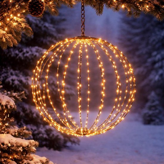 Globe lumineux - D50 cm - 320 LED - blanc chaud - avec minuterie - cadre noir - éclairage