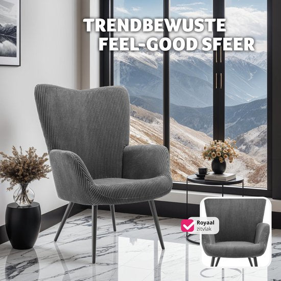 tectake® Fauteuil à oreilles de style scandinave - Velours côtelé Hygge - Chaise de salon, chambre à coucher - Chaise longue - Pieds en métal noir - Capacité jusqu'à 150 kg - Gris
