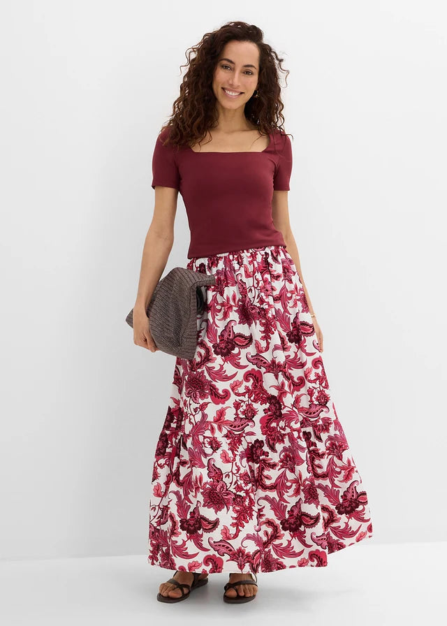 Jupe longue Bonprix en mélange de viscose souple - Coupe classique - Motifs floraux rouge érable/blanc laine